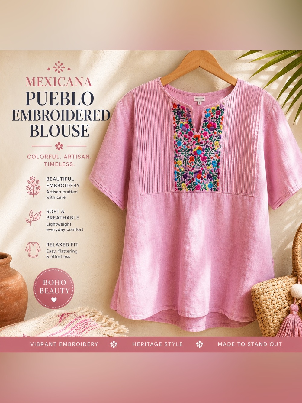 CH Mexican Pueblo Embroidered Boho Blouse Pink Floral Artisan Top